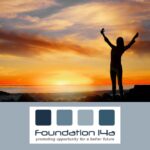 Empowering Wellness, the silhouette of a lady, raised arms, stood on a coastline against a a beautiful orange sunset