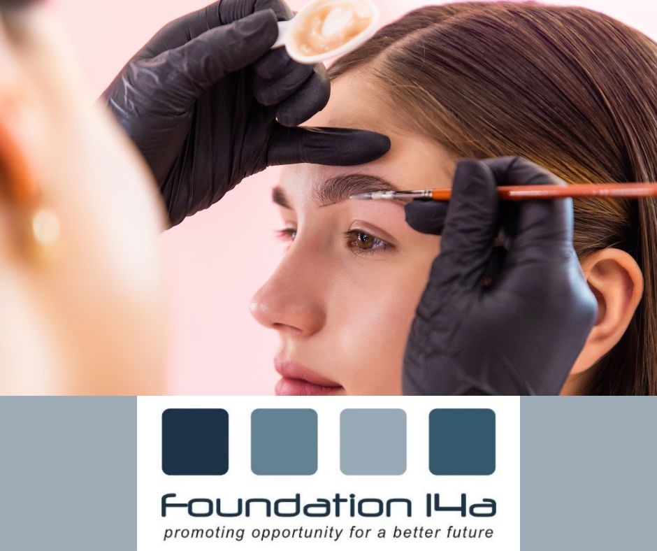 eyelash and eyebrow tinting course - a beautician applies colour treatment to model's eyebrow