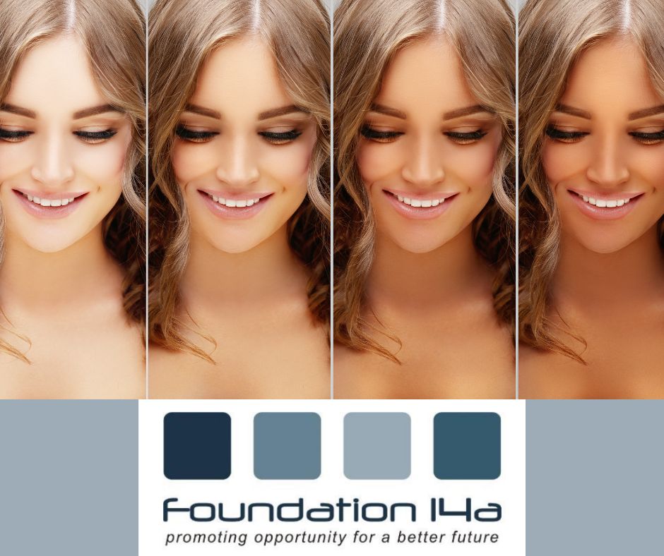 fair haired lady, head and shoulders, repeated image in 4 different shades of tan