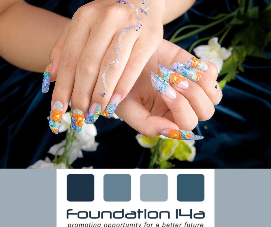 close up of hands with nails painted in intricate blue and orange floral design, orange flowers are 3d