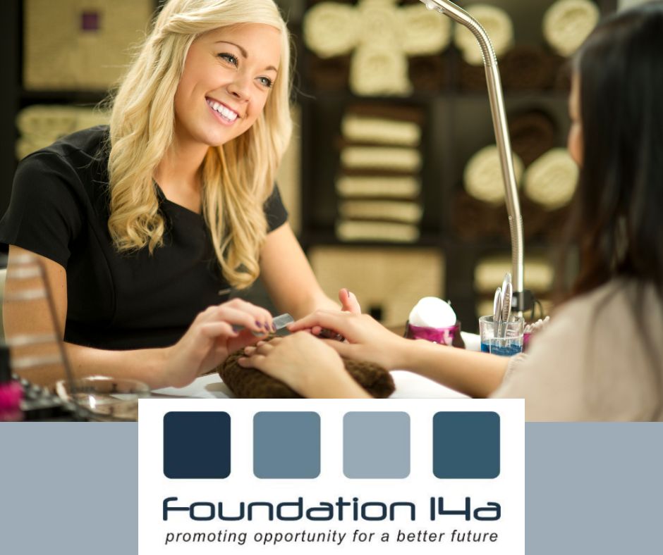 Nail Masterclasses - A blonde Nail technician smiles at her client as she files her nails