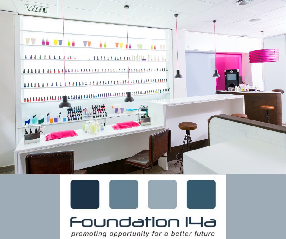 Intensive Beauty Therapy Courses - a white beauty salon with a nail polish wall and pink accents