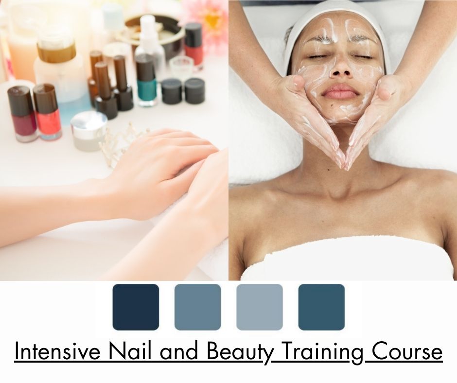 Split image with someone having their nails done in the left image and a lady having a facial done in the right image - nail training courses