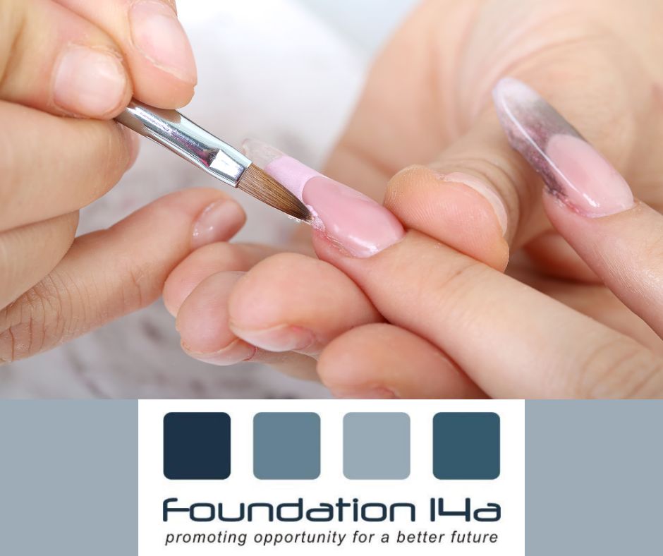 Close up of a lady's hand receiving treatment on a acrylic liquid and powder nail course