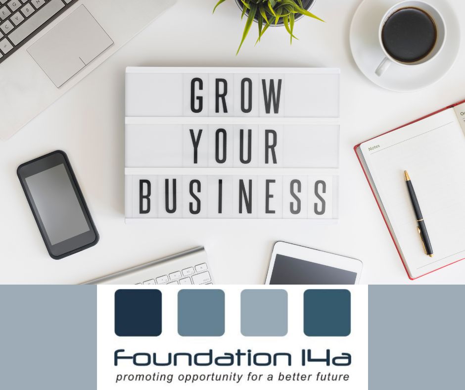 Beauty training - 'Grow Your Business' in the centre of the desk with coffee, laptop, mobile, and an open diary with a pen.