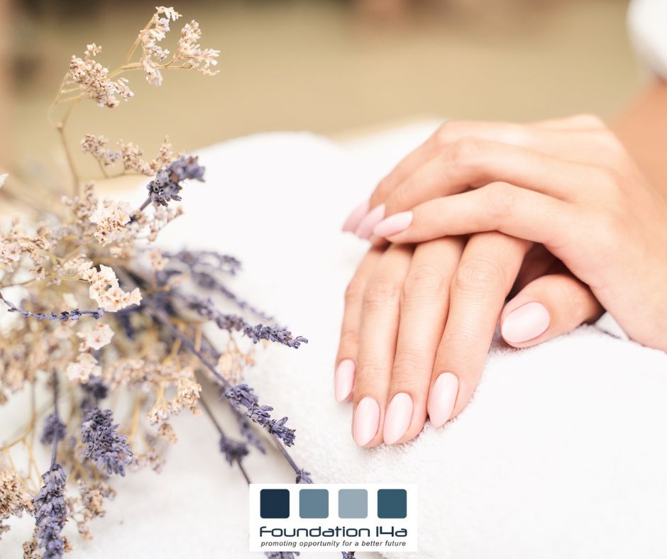 Nail courses represented here by a lady's crossed hands with natural 'soap' nails and a bunch of dried lavender to the side of them